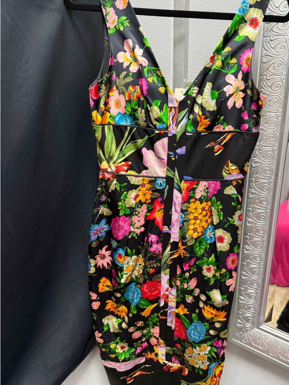 Silk Floral V-Neck Black Sheath Dress